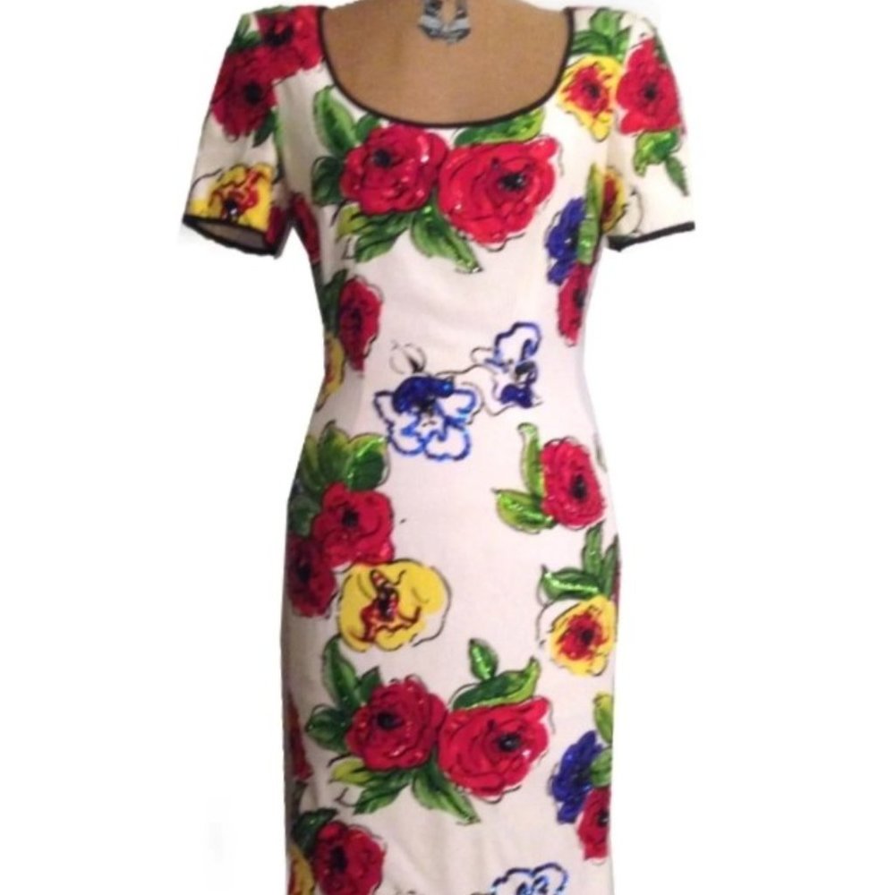 A.J. Bari Silk sequined floral print short sleeve knee length cocktail dress